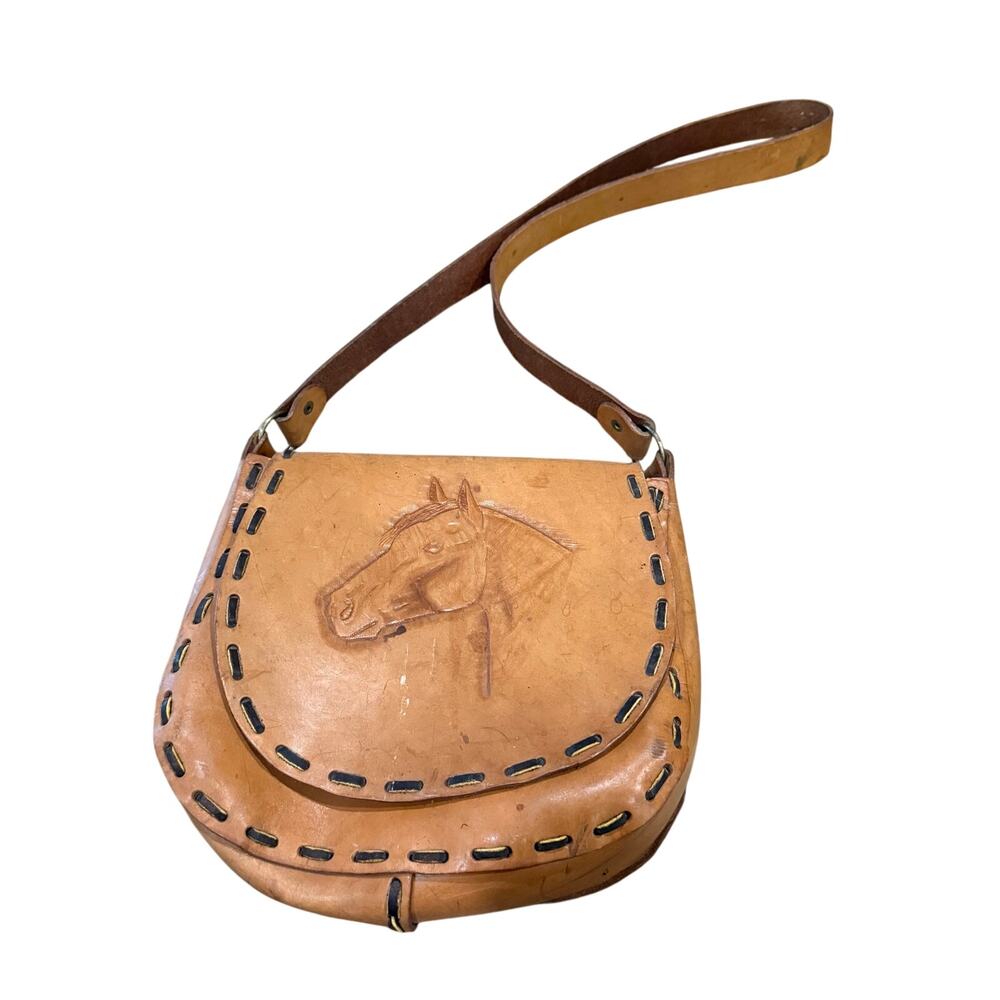 Vintage Hand Tooled Embossed Leather Handbag Horse Brown Satchel Bag